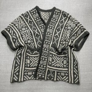 Vintage Wool Boho Poncho Vest w/ Pockets Drop Shoulder Cardigan Southwest Print